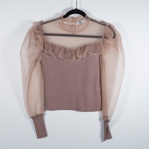 Zara Tops - Zara Sheer Chiffon Tulle Mesh Ruffle Mock Collar Long Sleeve Sweater Blouse S